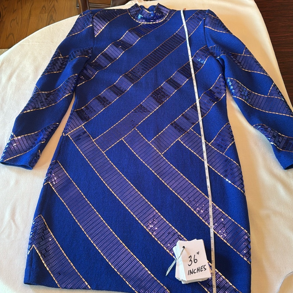 St. John Royal Blue Sequin Striped Cocktail Dress - Picture 15 of 16
